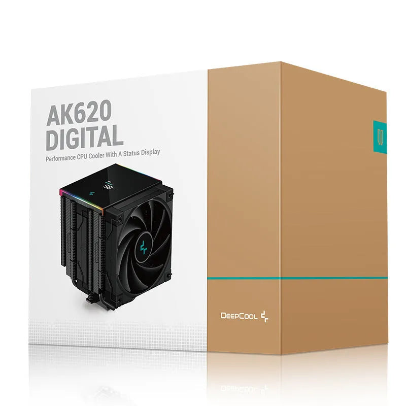 DeepCool twin tower CPU air cooler with digital temperature display on front, black and white colour options.