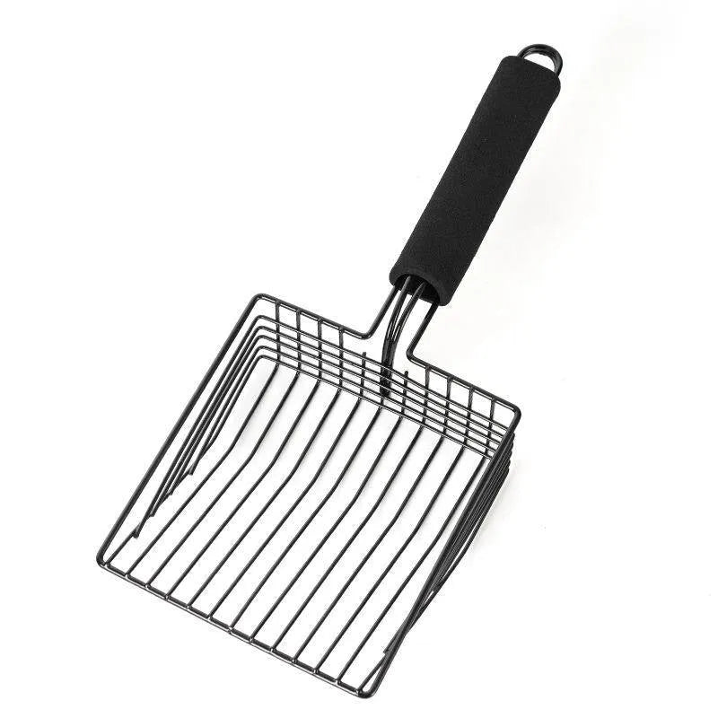 Black metal cat litter scoop with narrow tines for sifting waste from litter