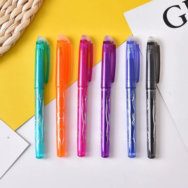 Set of heat-erasable gel pens in multiple colours with plastic bodies and stainless steel tips, showing 0.5mm and 0.7mm nib options.