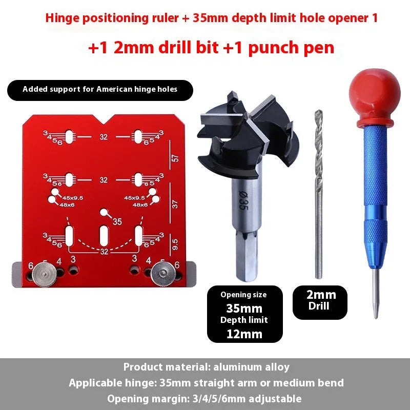 Red aluminium alloy hinge locating rule with adjustable margin settings for 35mm cabinet hinges