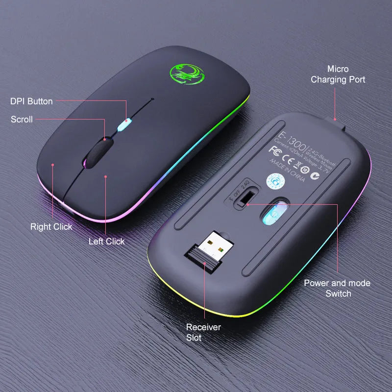 Black or white dual-mode wireless silent mouse with USB charging cable on desk