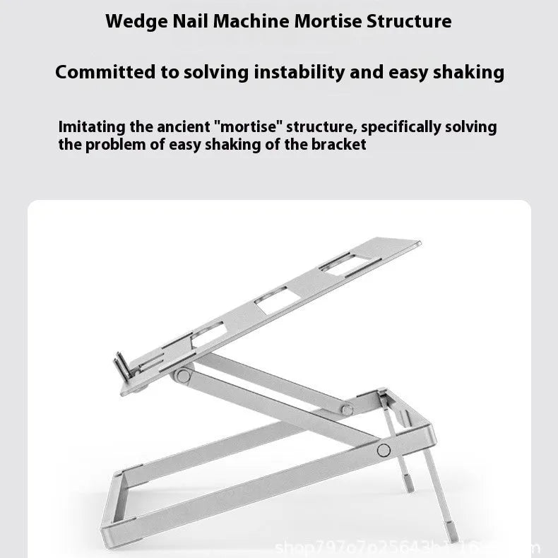 Aluminium alloy folding laptop cooling rack stand shown on a desk