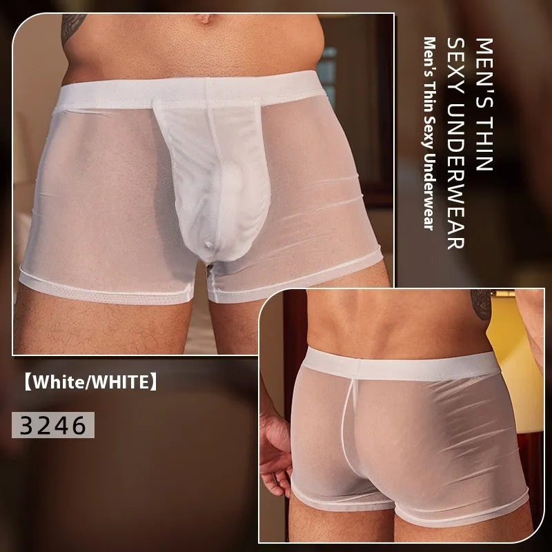 A pair of black men's nylon boxer briefs laid flat, showing their ultra-thin design.