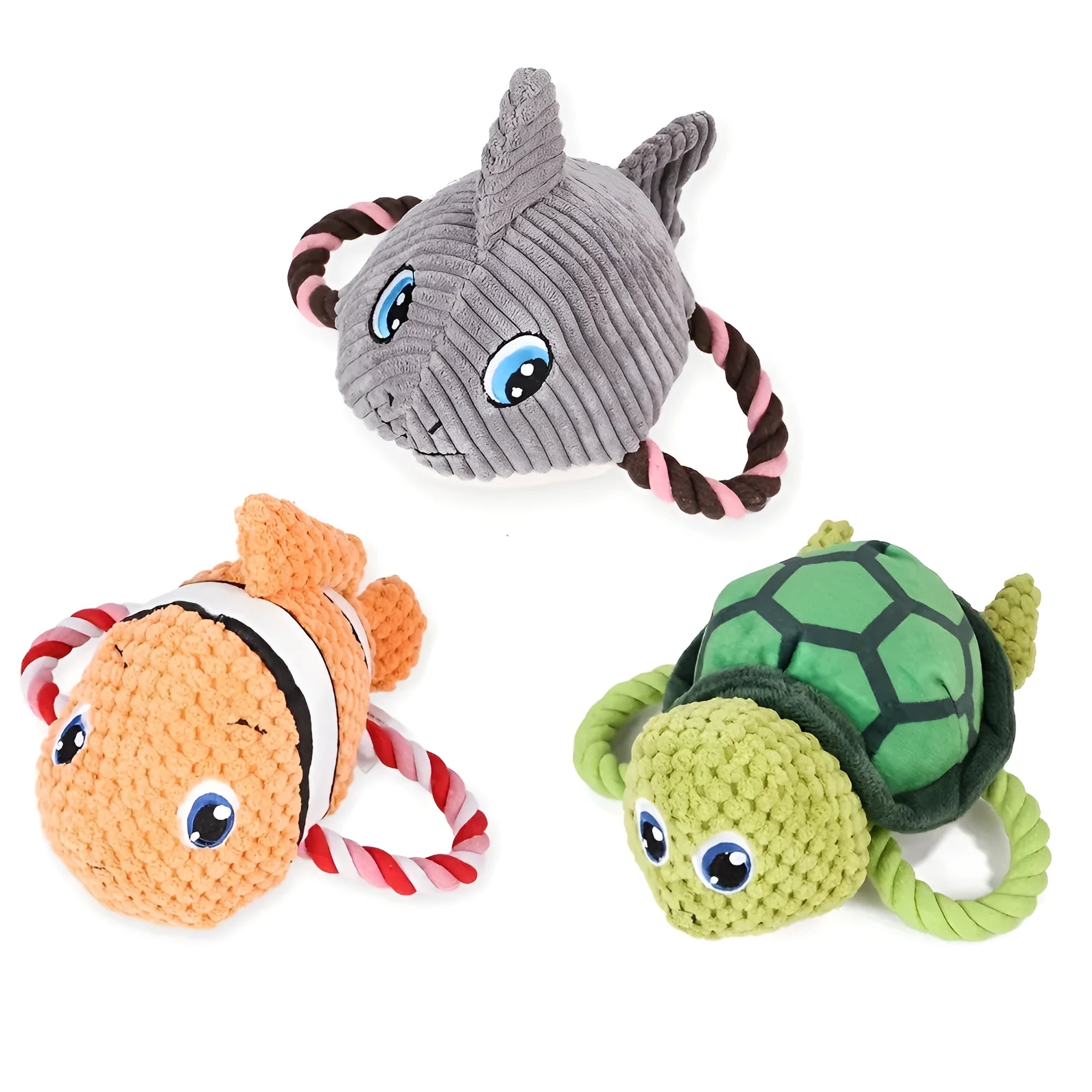 Green turtle shaped dog chewing toy with three rope knots extending from plush shell