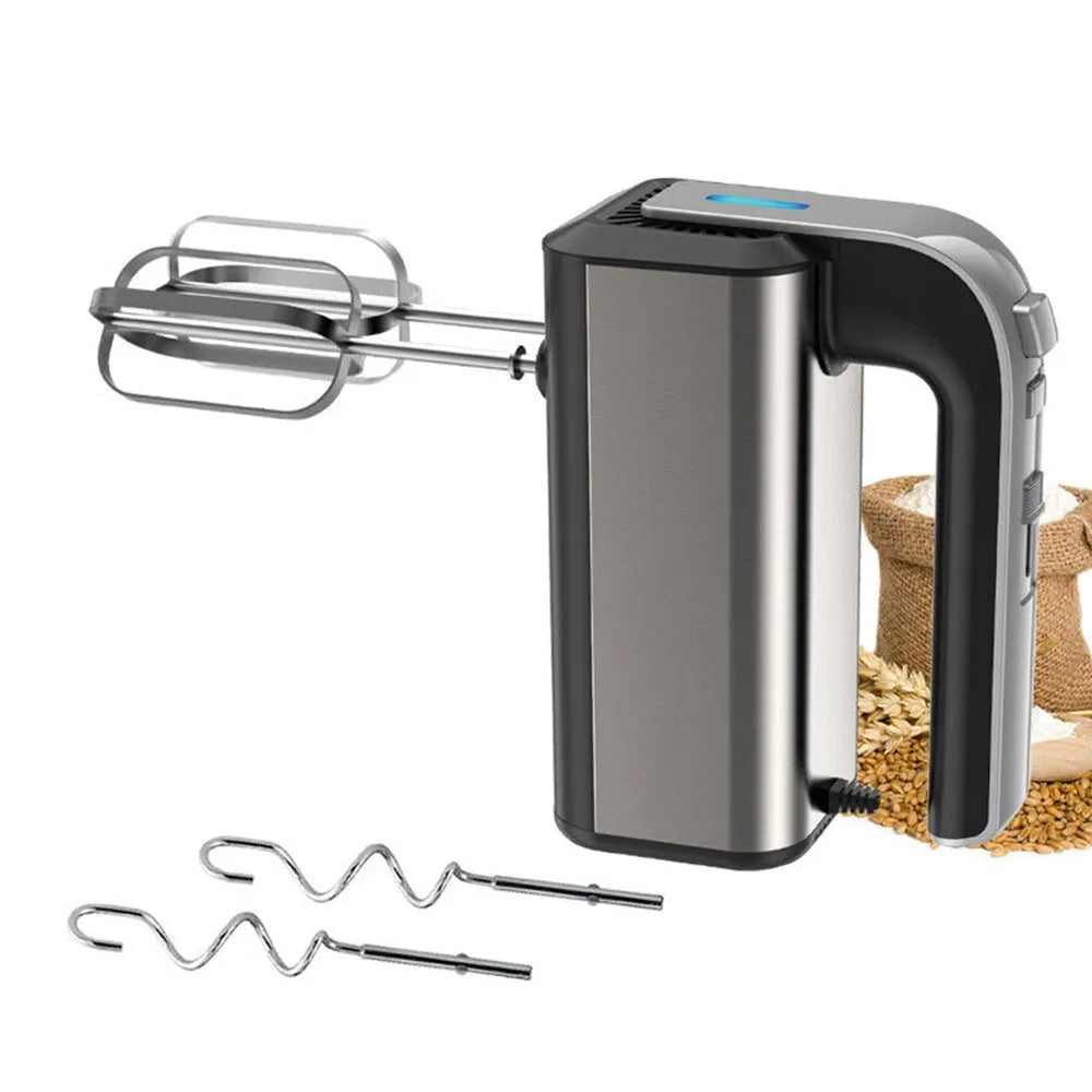 Silver handheld electric mini whisk with stainless steel beaters and five-speed control dial.
