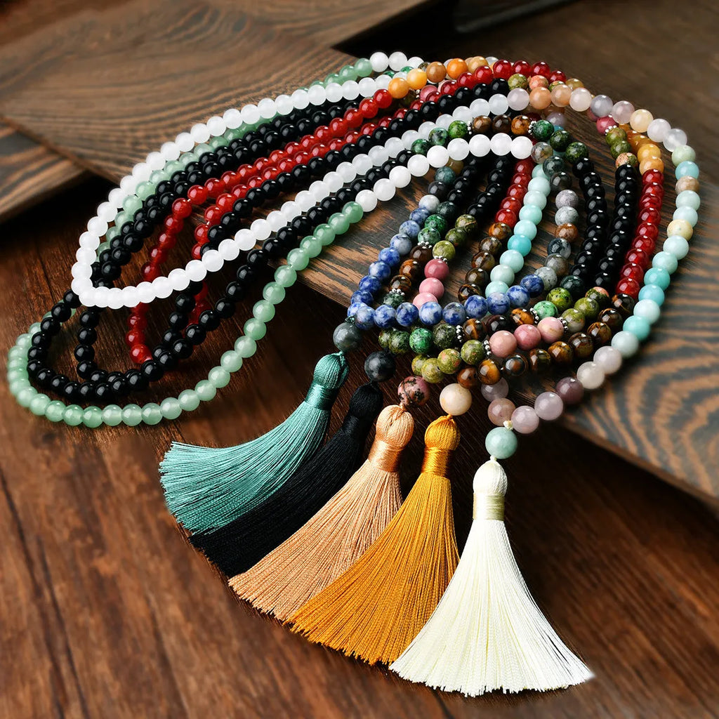 Handmade long beaded necklace with 108 natural stone tassels in bohemian style.