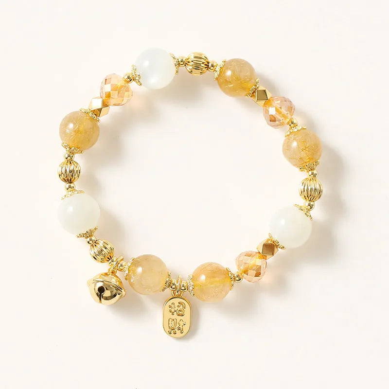 Gold rutilated quartz crystal bracelet with electroplated Lucky Fortune gold colour in Korean style design