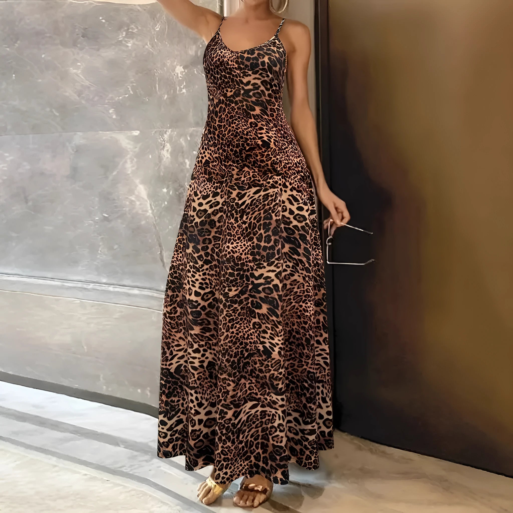 Dark brown leopard print casual dress with sleeveless shoulder strap design and long skirt