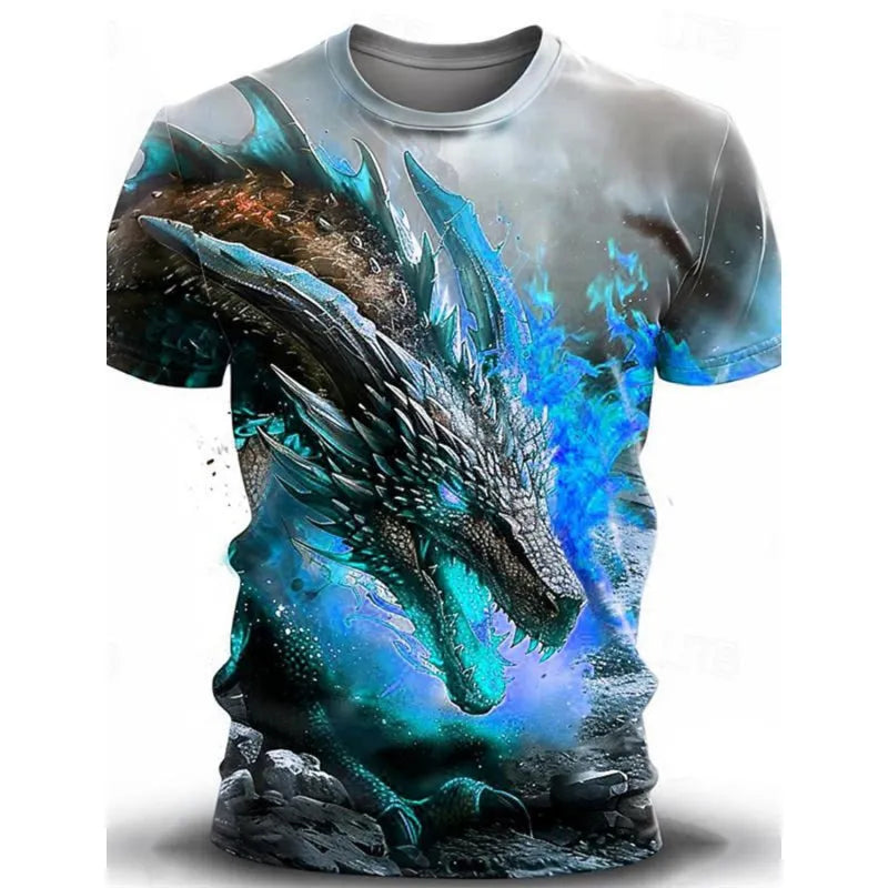 Men's black T-shirt with 3D silver wind dragon print design on front