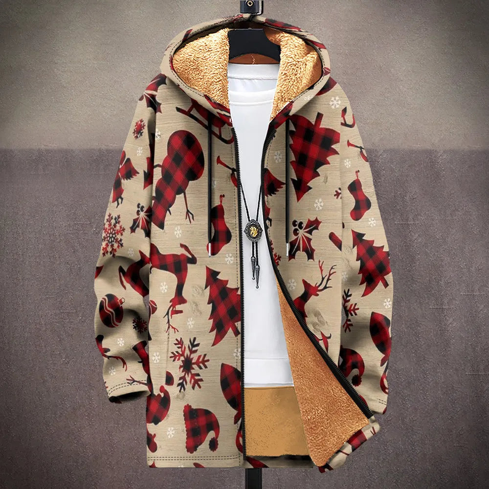 Man wearing a multicolour patterned zip-up hooded cardigan in a loose casual fit.