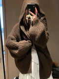 Women's retro Maillard style hooded cardigan in thick acrylic blend, shown in dark grey colour with loose fit