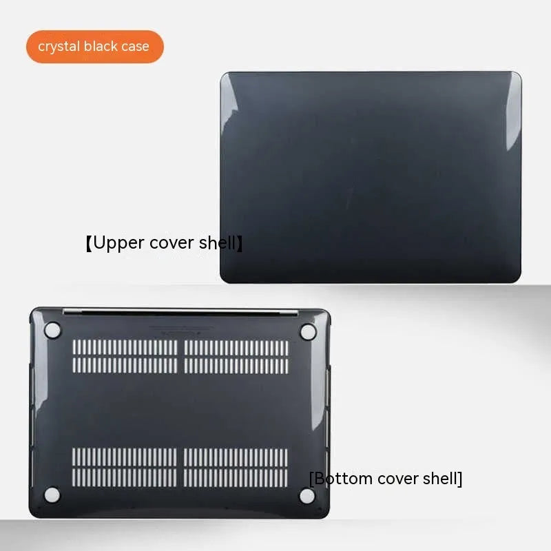 Hard shell protective case for MacBook laptop in transparent and black colour options.