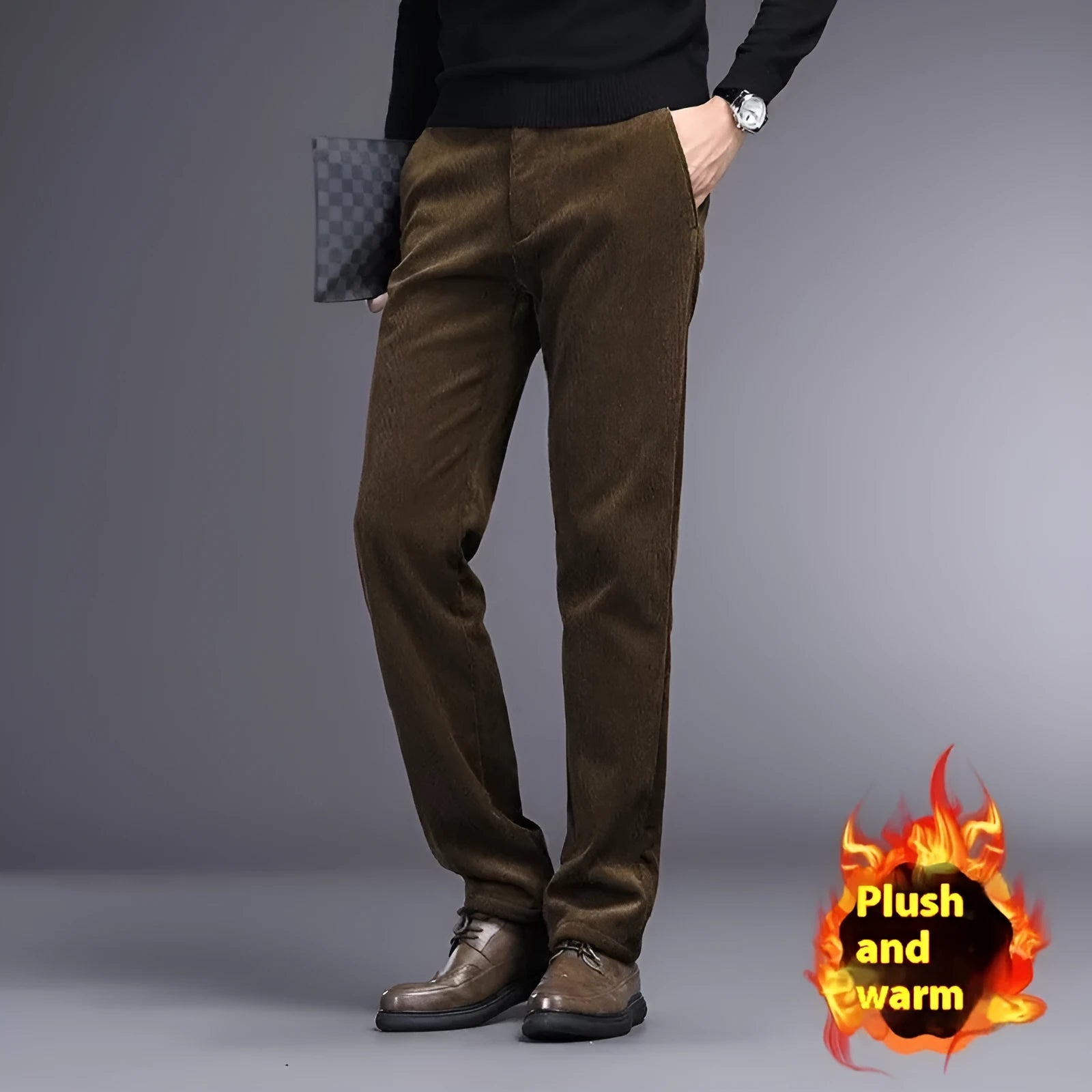 British retro striped straight-leg men's trousers in a dark colour, laid flat to show the zip fly and full length.
