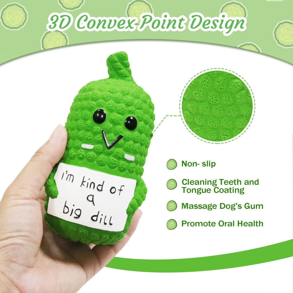Green pickle-shaped dog chew toy with textured surface and squeaker for teething puppies