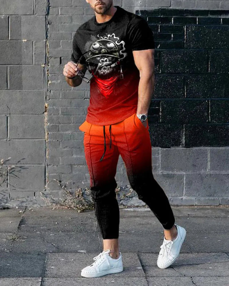 Man modelling a short-sleeved printed pullover and matching trousers from a lightweight polyester sports suit set.