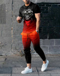 Man modelling a short-sleeved printed pullover and matching trousers from a lightweight polyester sports suit set.