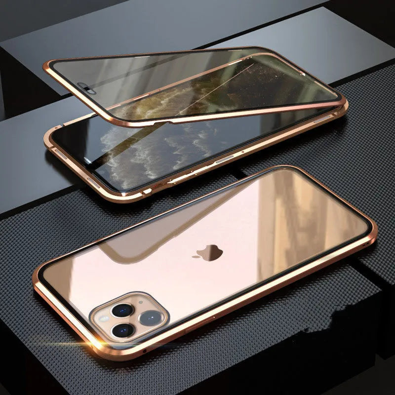 Glass anti-spy iPhone case with clamshell cover shown in black, silver, red, gold, green, and blue colour options.