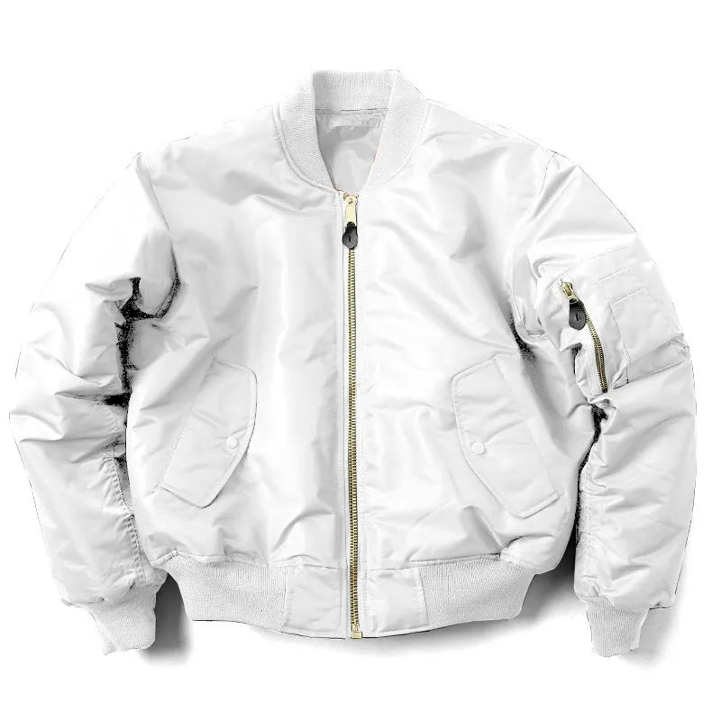 Men's loose-fit army green nylon pilot jacket on a hanger