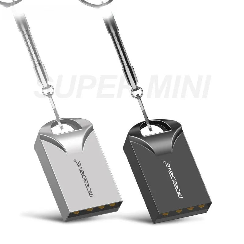 Mini black and silver metal USB flash drive showing compact size