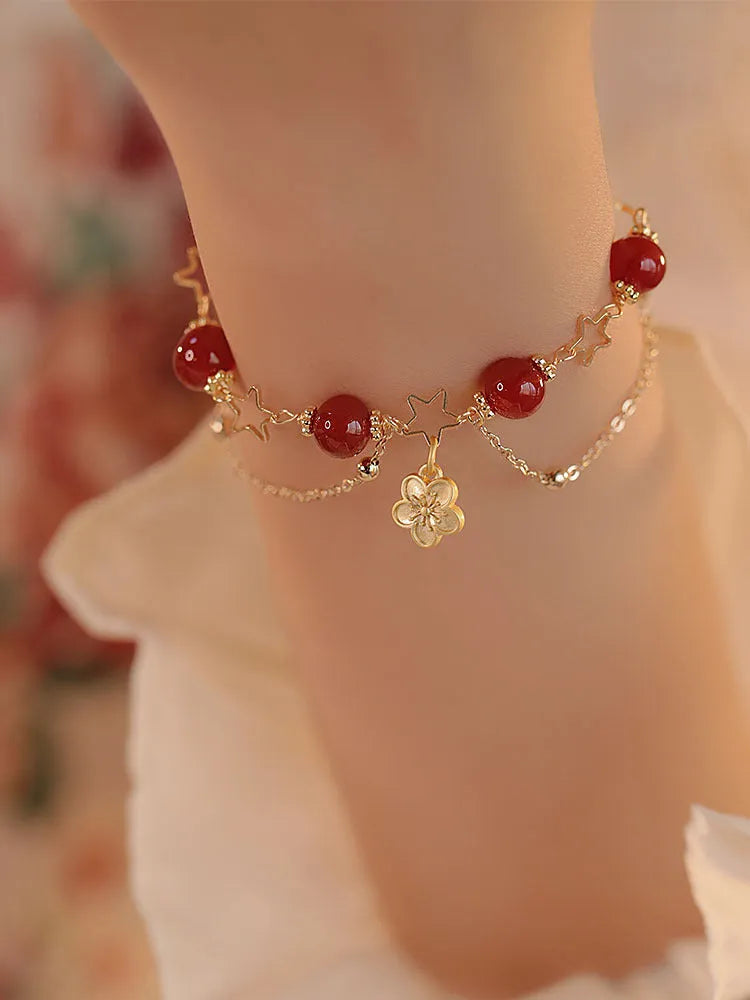 Red agate double layer bracelet with floral and peach blossom motifs