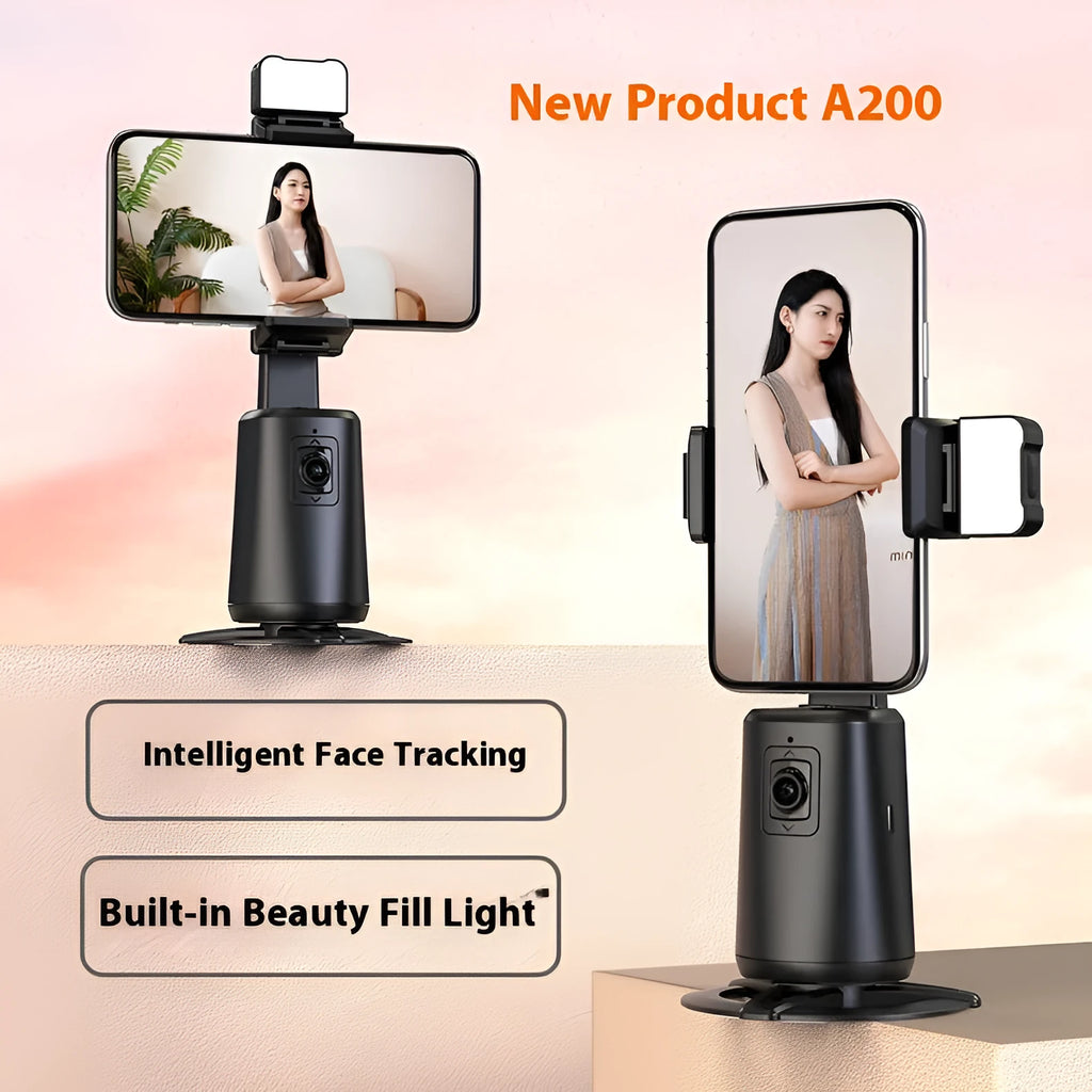 Black desktop phone bracket with rotating camera head and LED ribbon lights for face tracking video calls