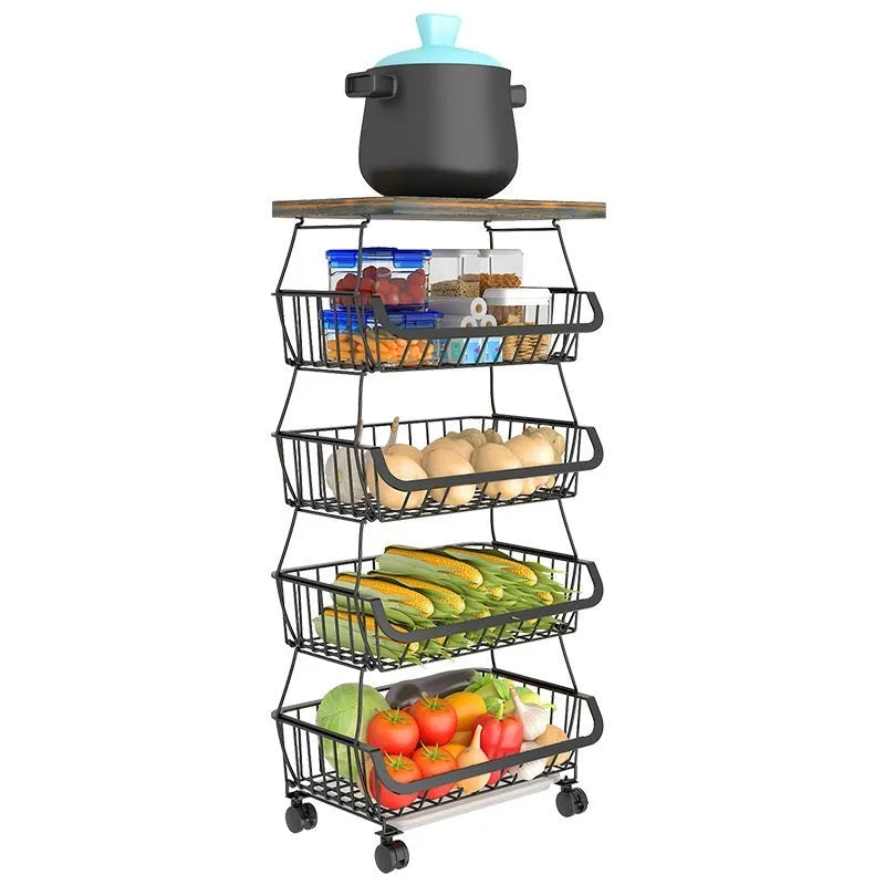 Black six tier floor standing kitchen storage trolley with open shelves