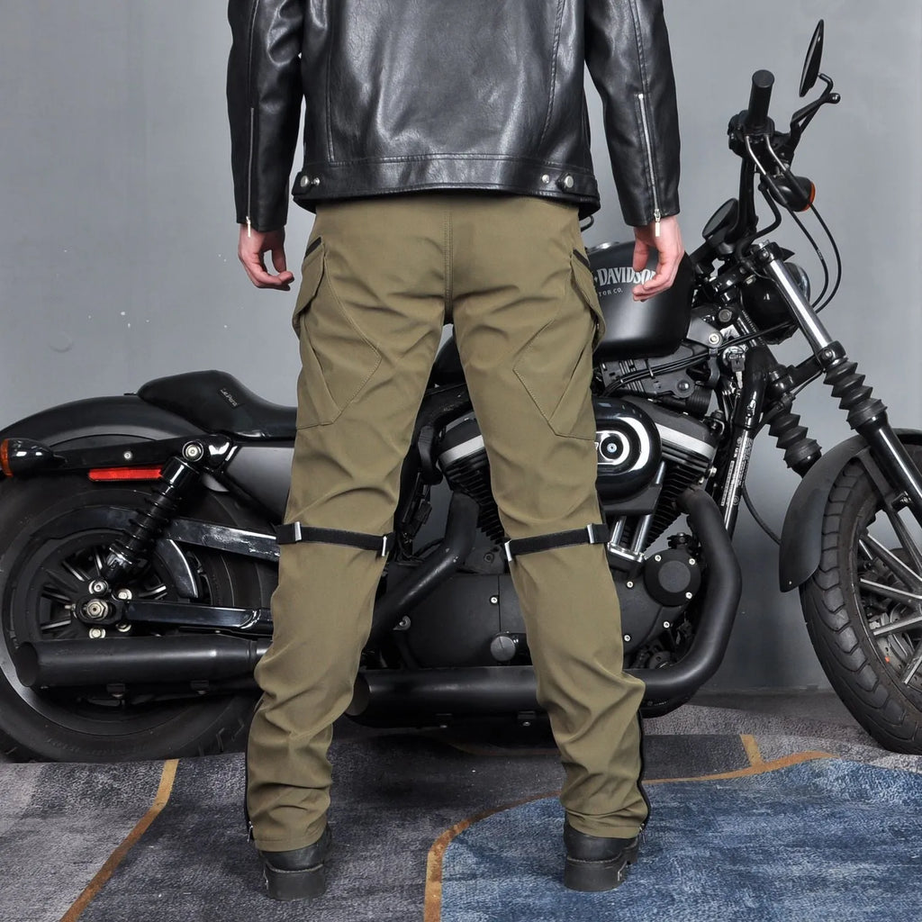 Men's waterproof motorcycle cycling trousers with protective gear in black or green colour options