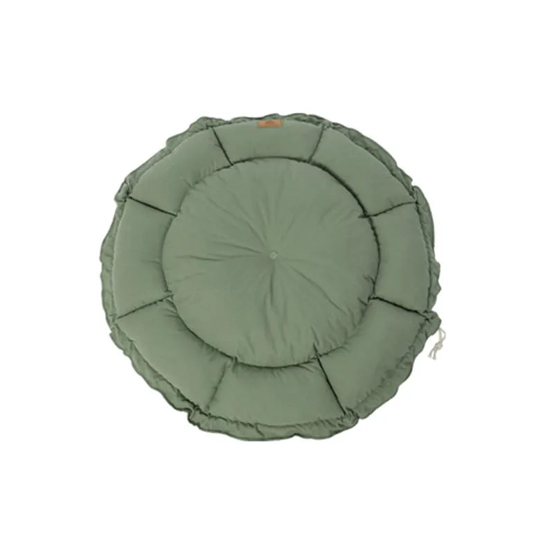 Grey and green reversible donut-shaped cat bed for indoor cats and small dogs