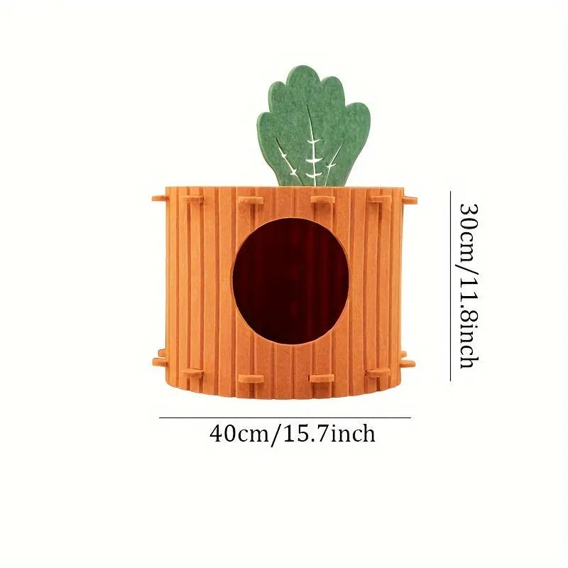 Carrot-shaped cat tunnel in polyester felt with semi-enclosed design and entry holes