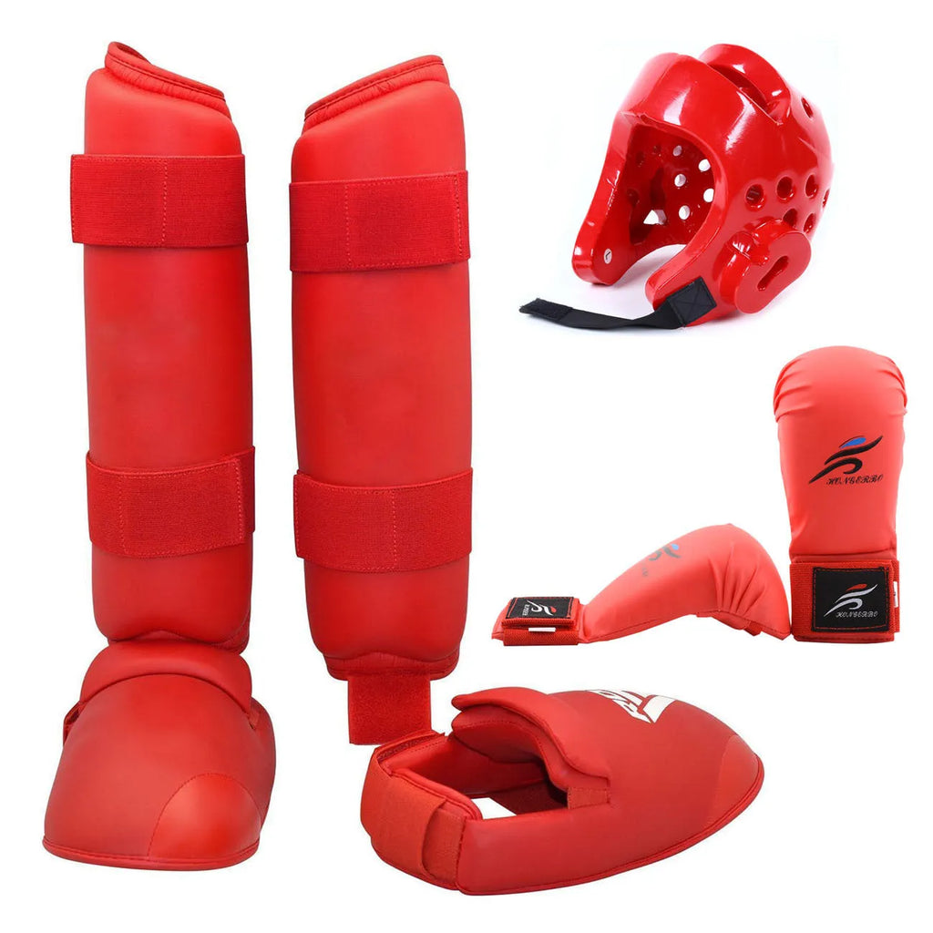 Red and blue martial arts protective gear set showing leg guards, helmet and boxing gloves for karate taekwondo training