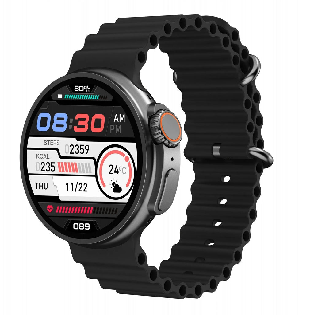K9 smart watch with round screen and silicone strap showing NFC payment and health tracking features