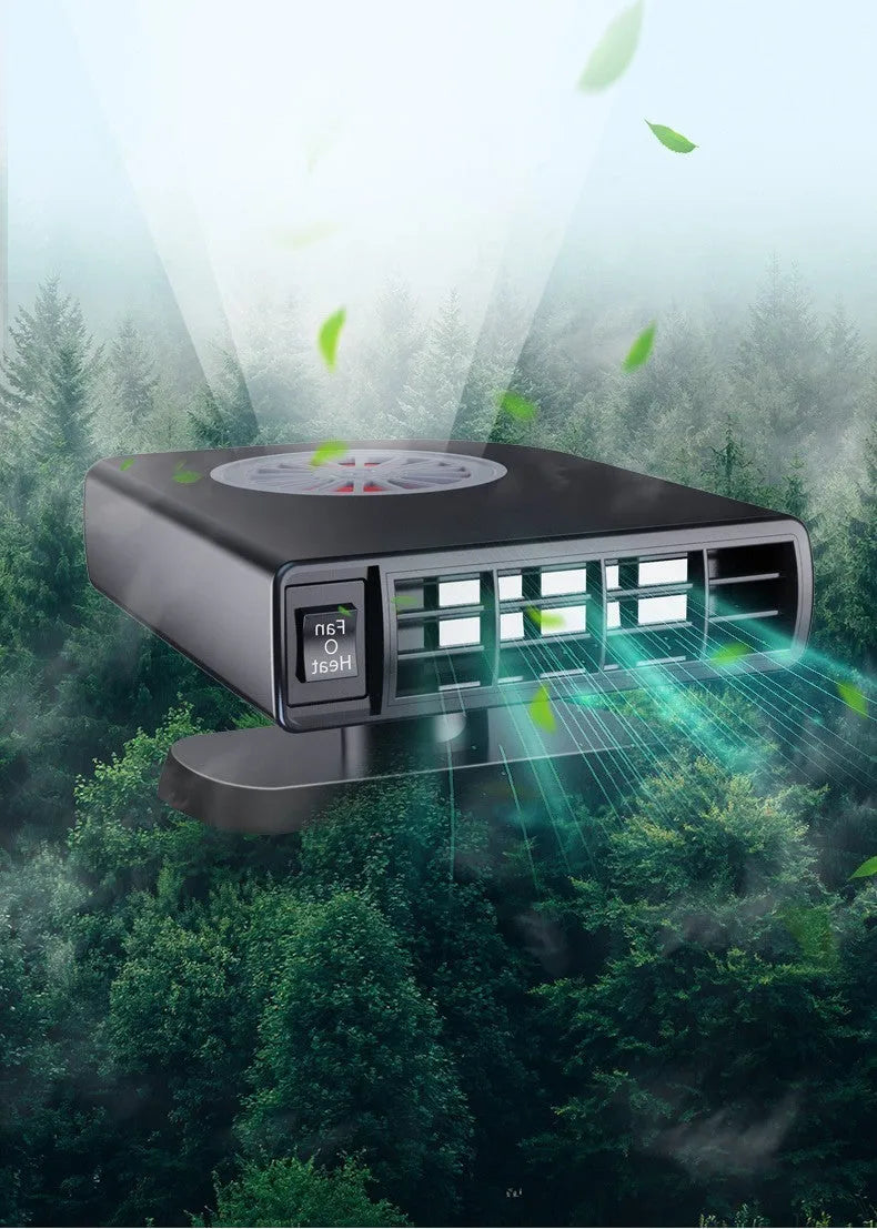 Black compact vehicle-mounted heater for car defrosting and defogging with 360-degree rotation.