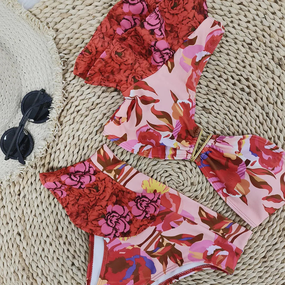 Pink floral print one-shoulder ruffled high-waist women's bikini swimsuit