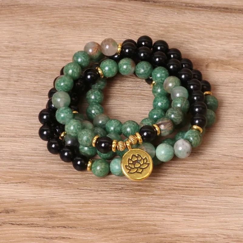 Green and black alloy beaded long bracelet with elastic stretch band