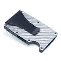 Geometrical black carbon fibre card wallet for business cards and banknotes on a gift box.