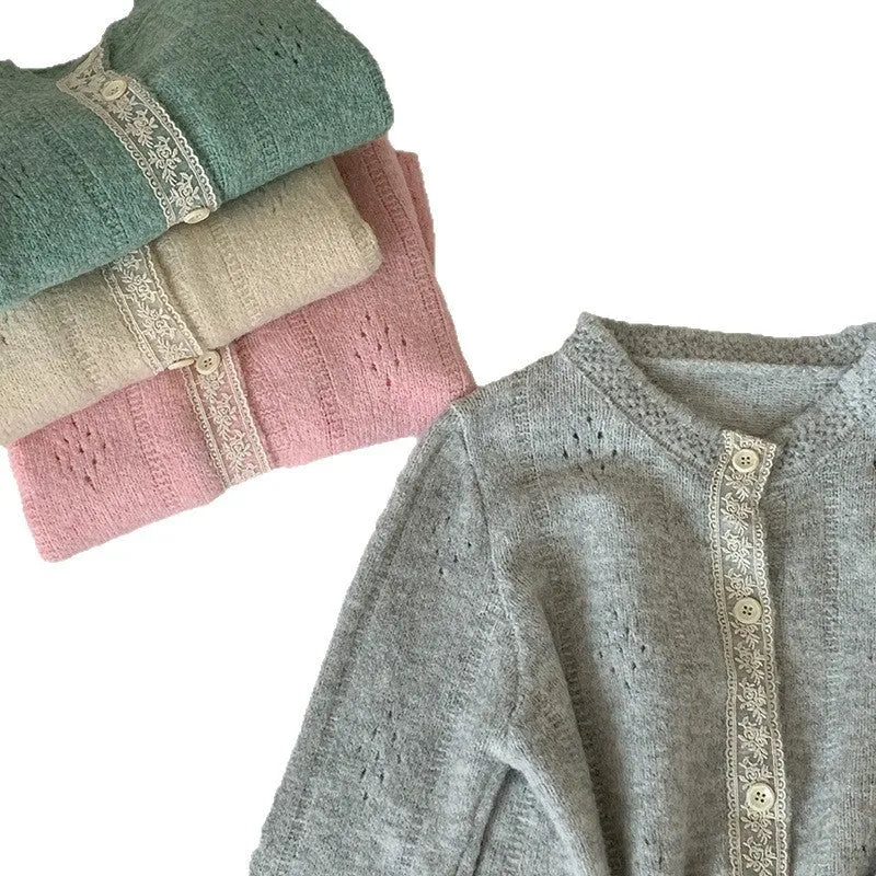Artistic retro loose cardigan in viscose fibre, shown in apricot, green, pink, or light grey.