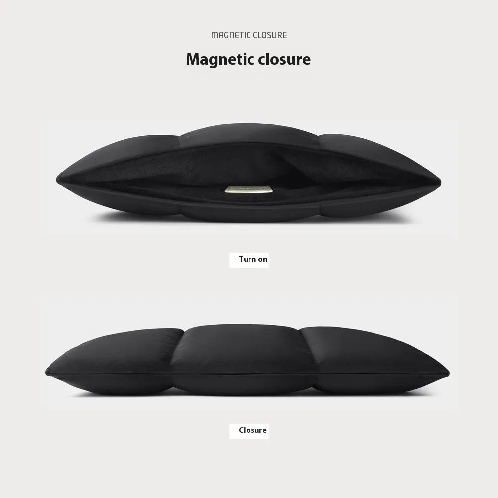 Black polyester laptop sleeve showing sewing thread detailing and soft texture for 13-15.6 inch laptops