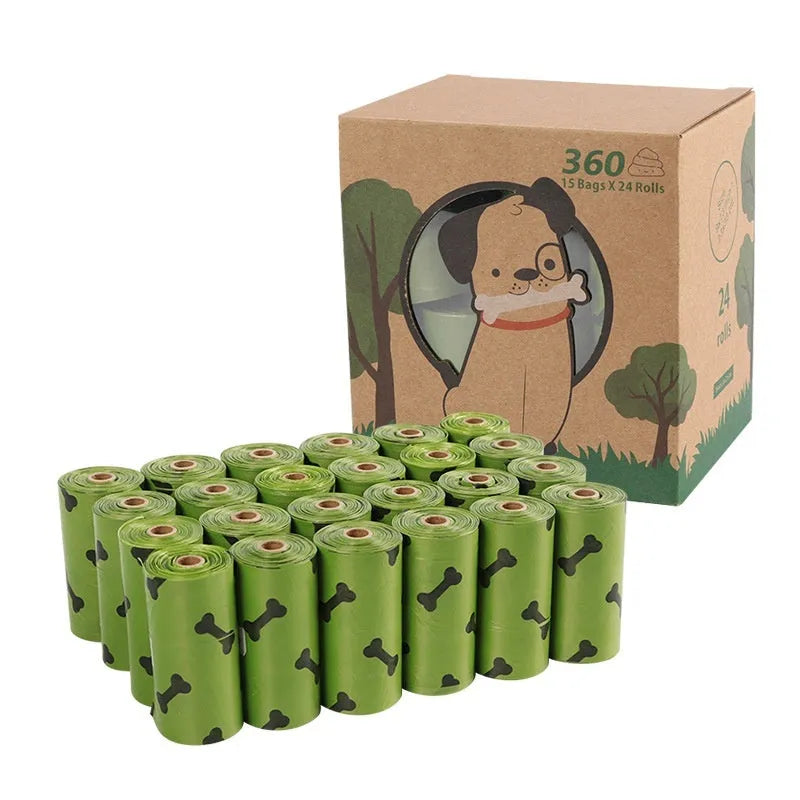 Roll of degradable military green dog poop bags with black bone print, showing bag size and dispenser option.