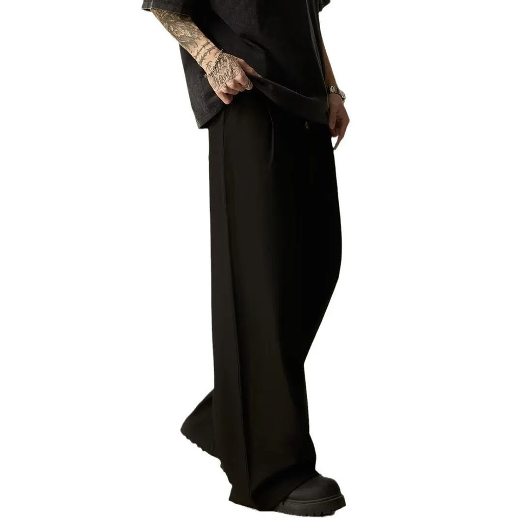Men's black vertical tube wide-leg casual trousers with cardigan button leg opening