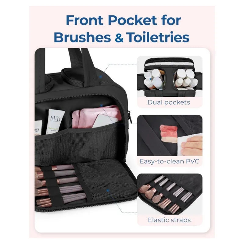 Large polyester travel toiletry bag with wide opening showing interior organisation space