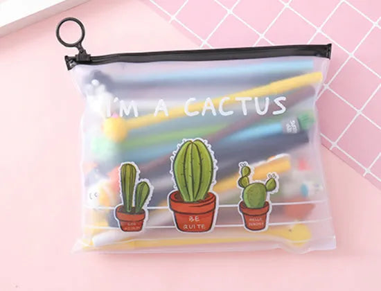 Twenty colourful cartoon cactus design 0.5mm black ink pens in plastic storage case measuring 21 by 17 centimetres