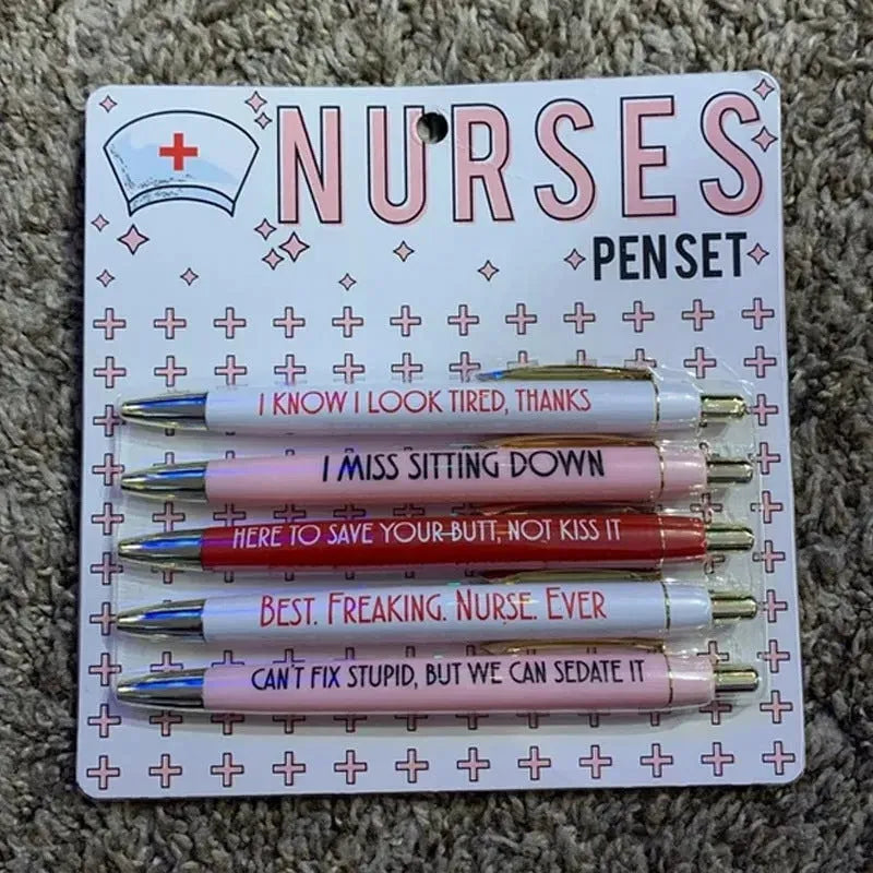 Five nurse-themed retractable ballpoint pens showing two refill colour variations
