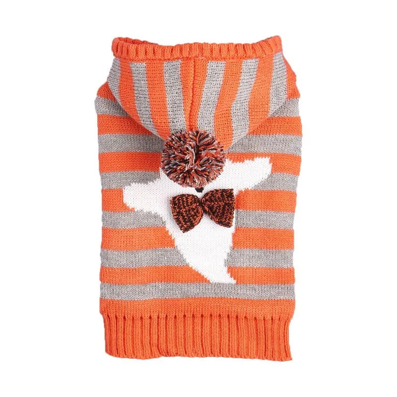 Orange striped Halloween pet sweater with hood and fur ball details for cats and dogs