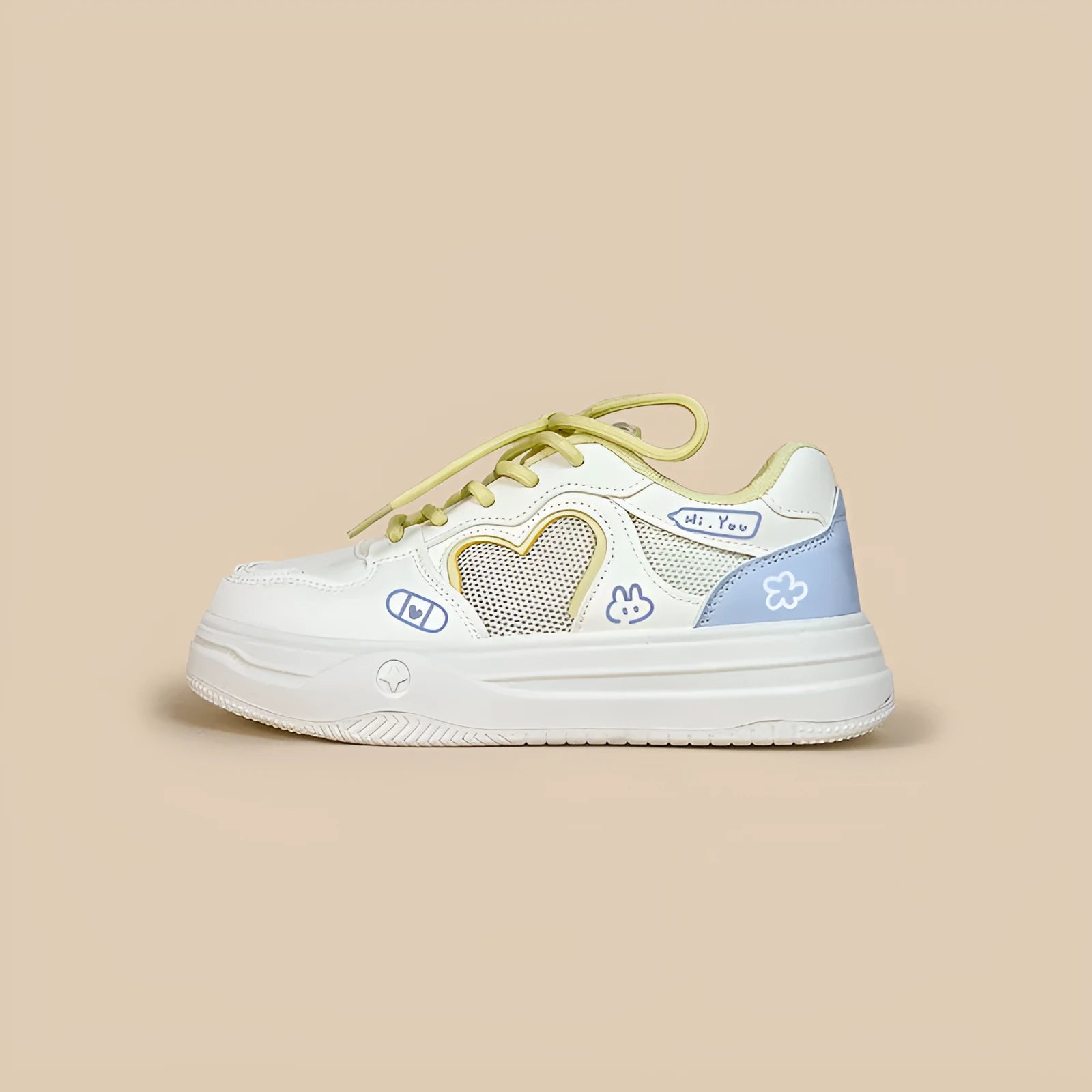 Meow Rabbit Sea Salt Cheese colour mesh sneakers with lace-up closure and thick rubber sole