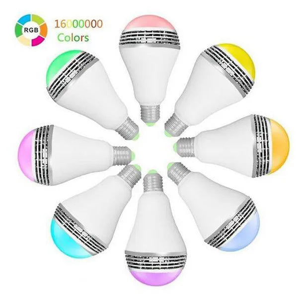 E27 smart LED bulb with Bluetooth speaker inside, showing RGB colour changing light