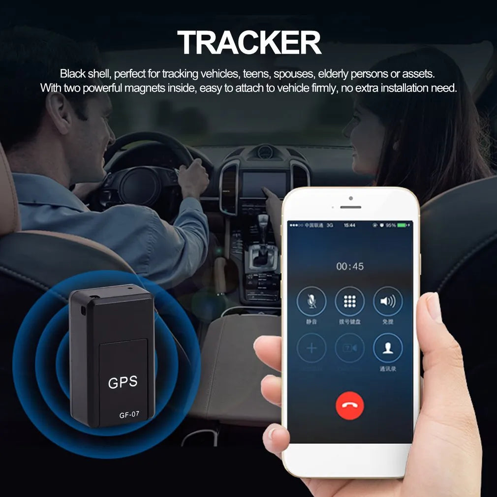 Black plastic mini magnetic GPS car tracker measuring 35×20×14mm with USB charging cable
