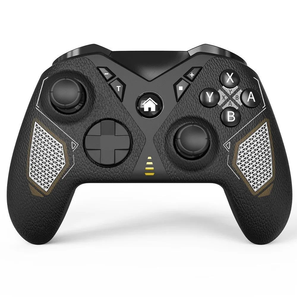 Black wireless game controller for Nintendo Switch with a leather-pattern texture on the grips.