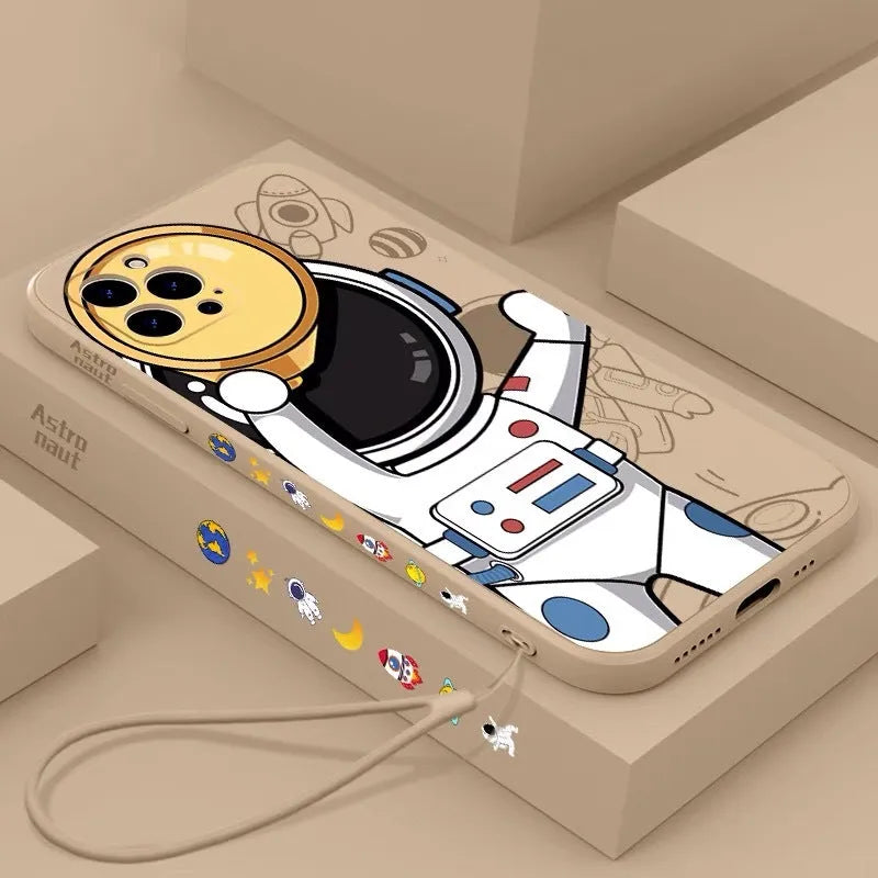 Cartoon astronaut design silicone phone case for iPhone on a starry space background.