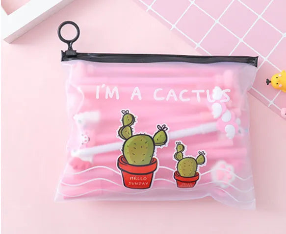 Twenty colourful cartoon cactus design 0.5mm black ink pens in plastic storage case measuring 21 by 17 centimetres