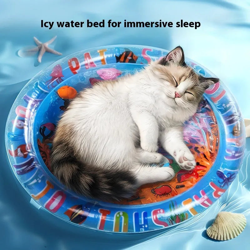 Inflatable PVC water cooling mattress for pets in dolphin or shark design.